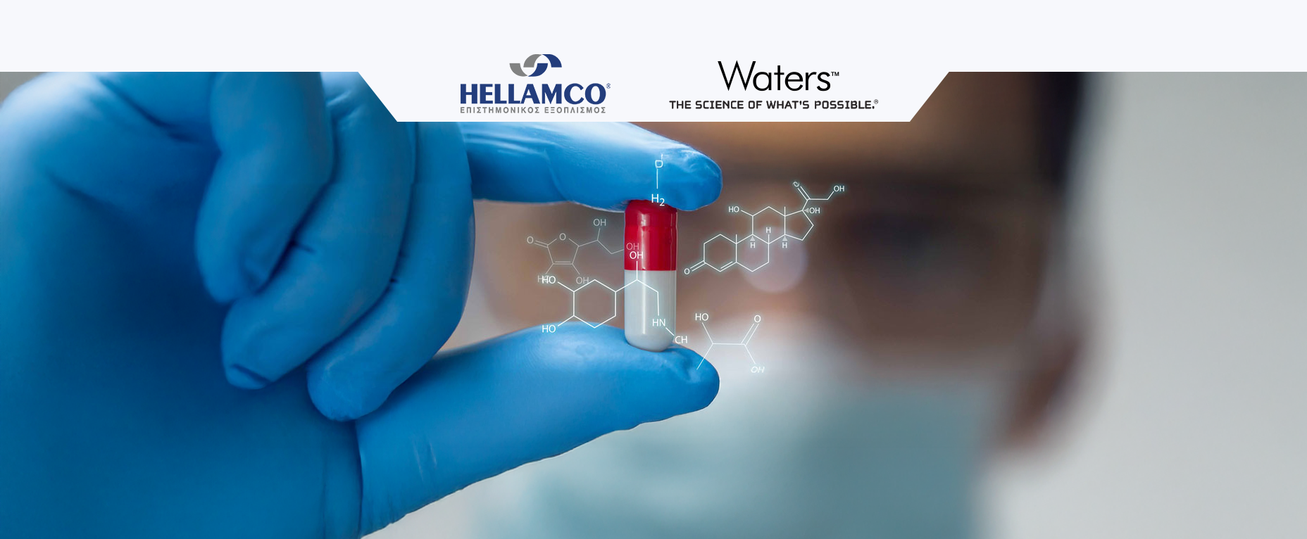 WATERS News Banner - Scientist's glove holding a capsule pill