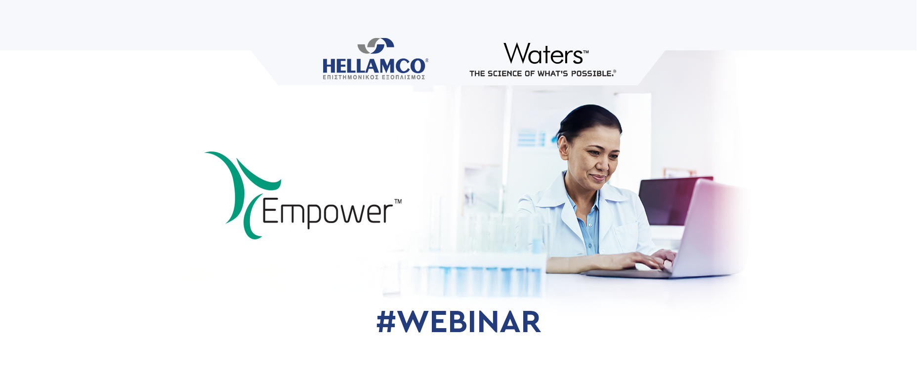 A scientist working on a computer and the Empower Software Logo