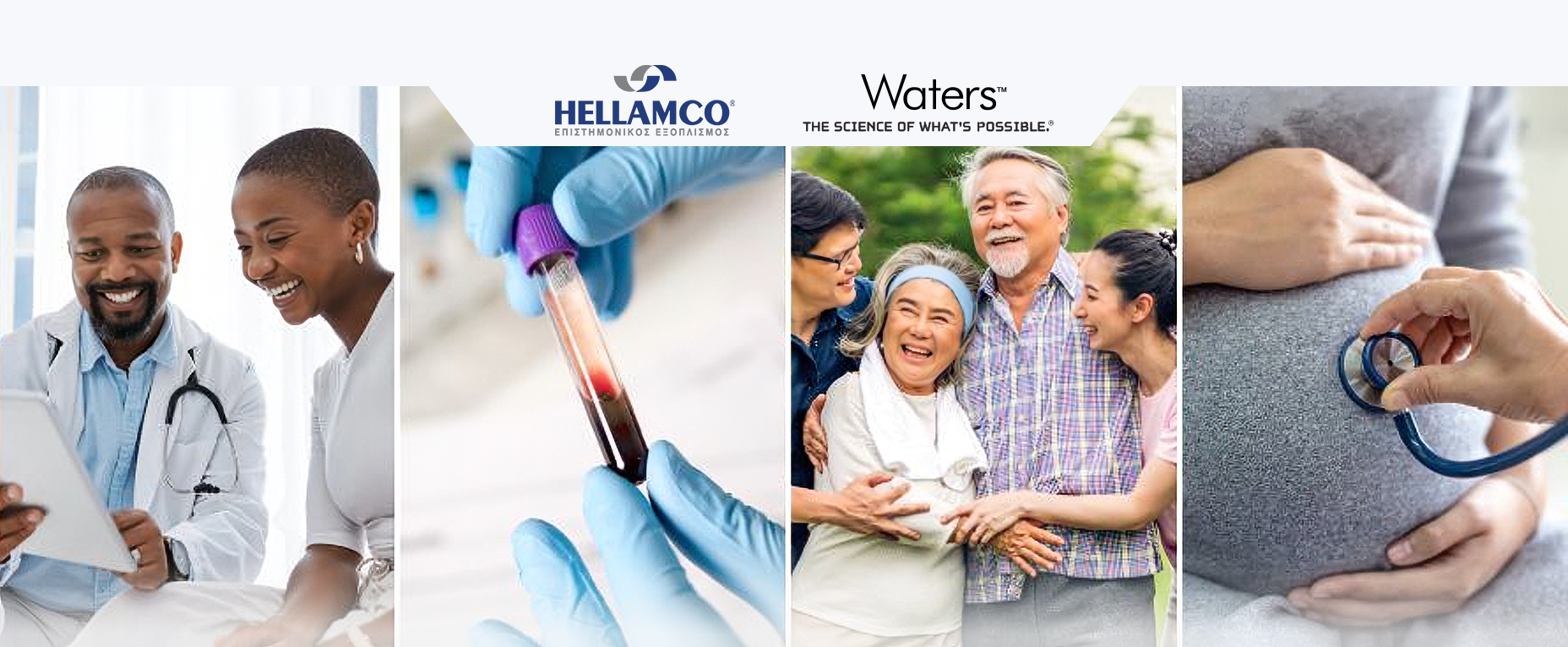 Μπάνερ με τέσσερεις εικόνες: δύο γιατροί με tablet, χέρι με δείγμα αίματος, χαρούμενη οικογένεια και κοιλιά εγκύου με στηθοσκόπιο