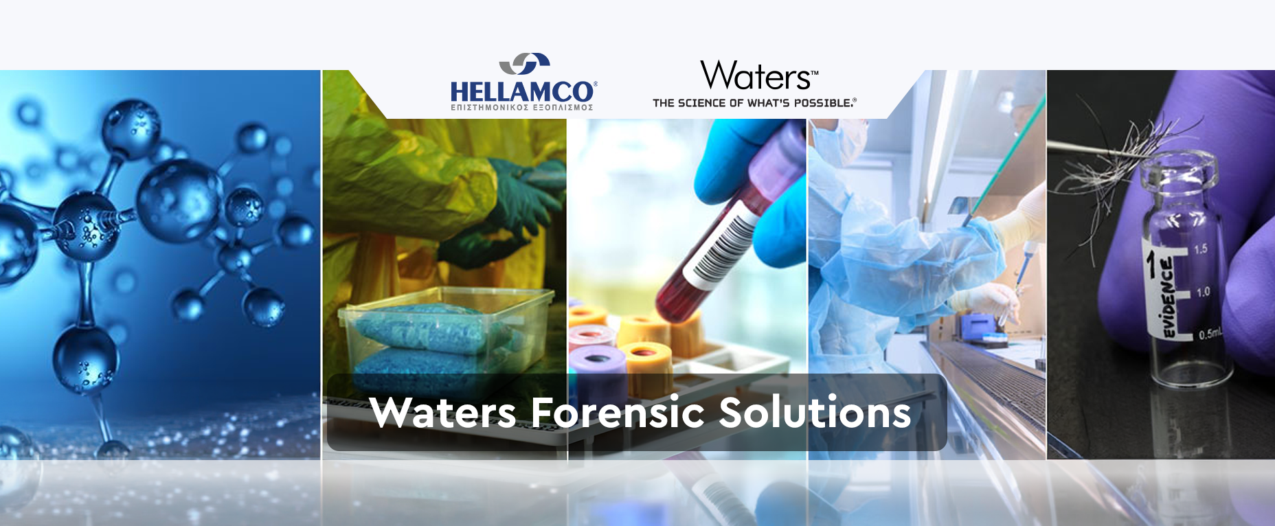 Waters Forensic Solutions Banner featuring laboratory and healthcare imagery.