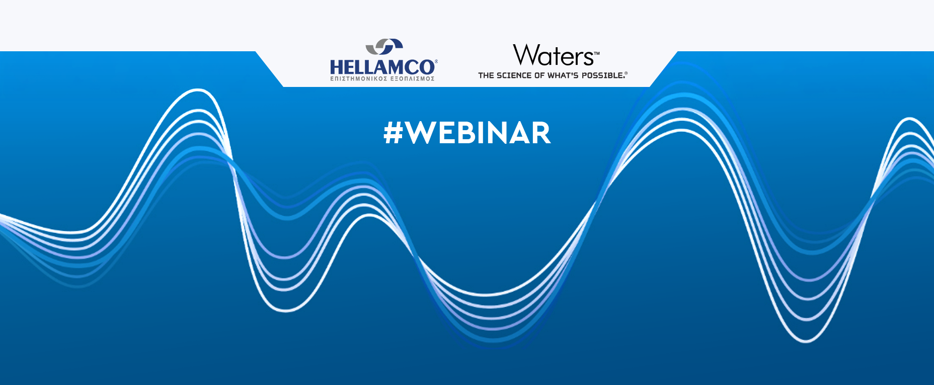 Waters banner with blue background and a white curve